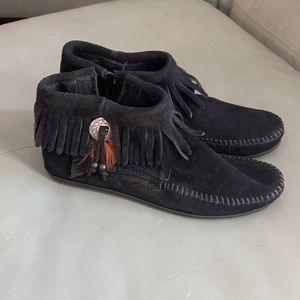 Black suede Minnetonka booties